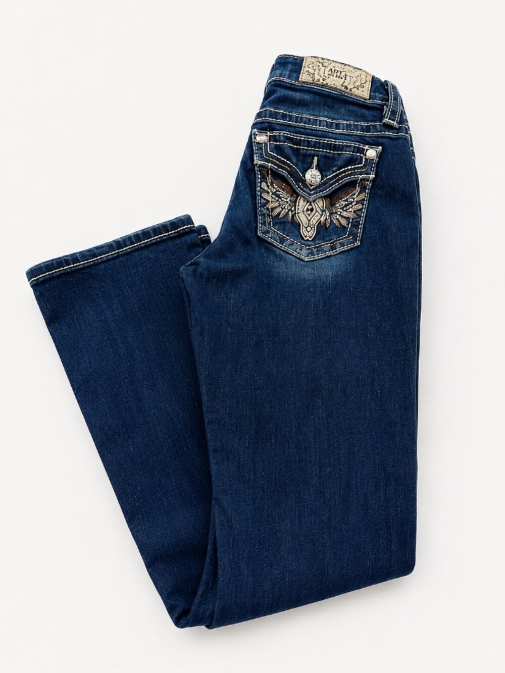 Rock Revival Mid-Rise Bootcut Jeans Size 27 Distressed Hem Dark Denim